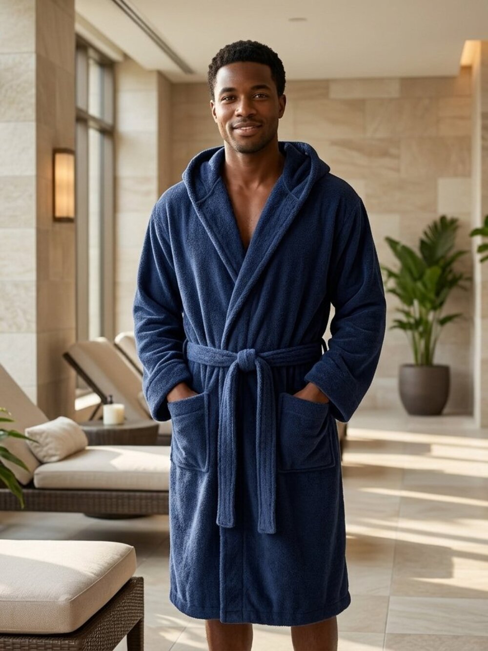 NWT Arus Luxury 100% Turkish Cotton Hooded Full-Length Terry Bathrobe XXL Navy